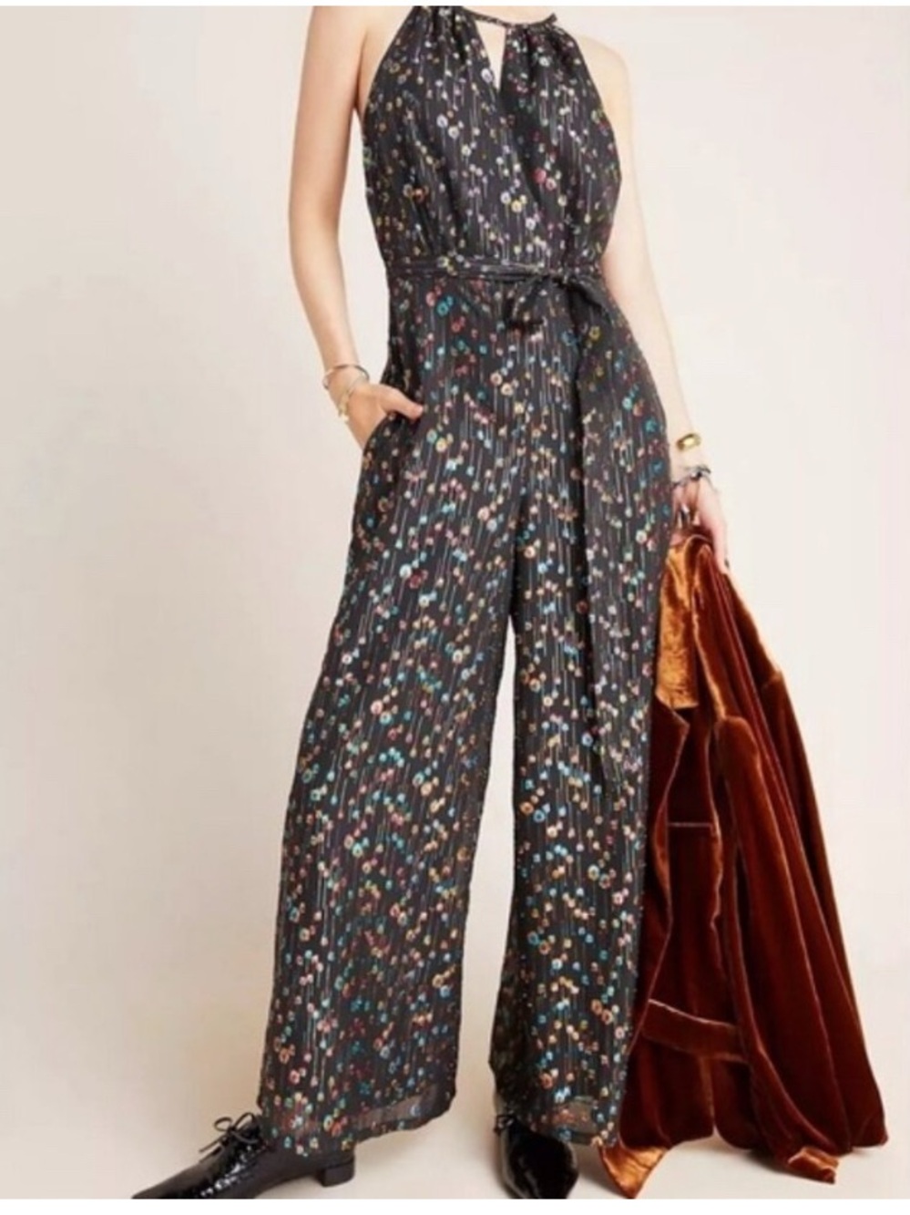 Anthropologie Eva Franco Metallic print Halter Wide-Leg Jumpsuit - Black
